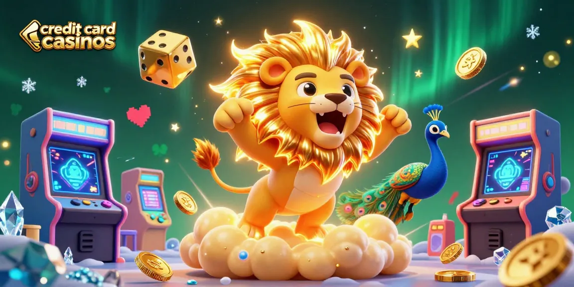 Explore exciting credit card casinos with a vibrant illustration showcasing a sun lion, golden dice, and gaming elements.