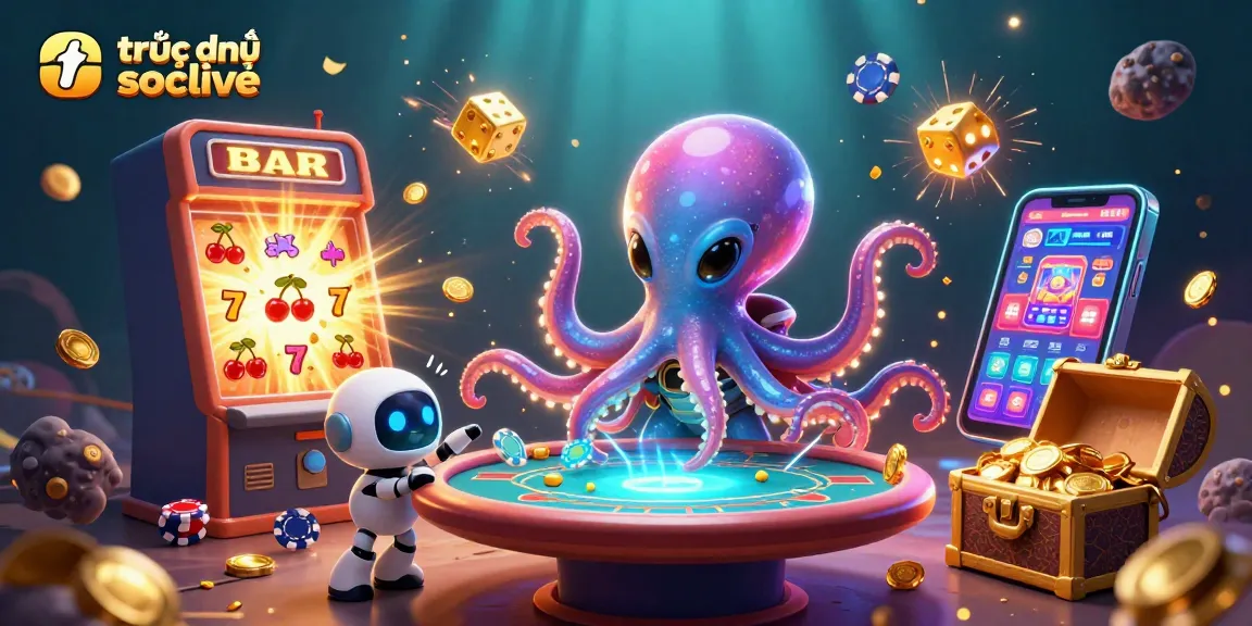 Experience the thrill of trực tiếp socolive with a vibrant alien octopus running a poker game.