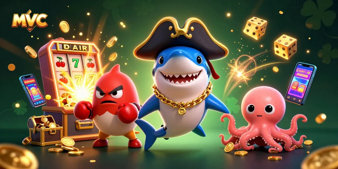 Spin the reels at mvc casinos featuring a cool cartoon shark and vibrant gaming elements.