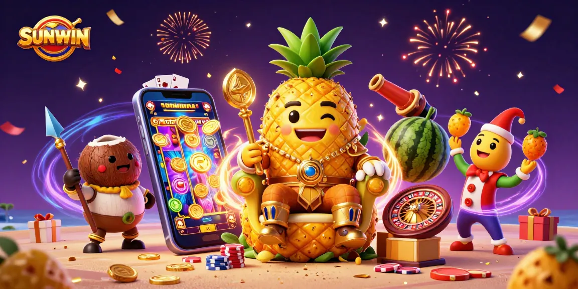 SUNWIN celebrates winning moments with a dynamic 3D gaming scene featuring characters, slot games, and festive decorations.