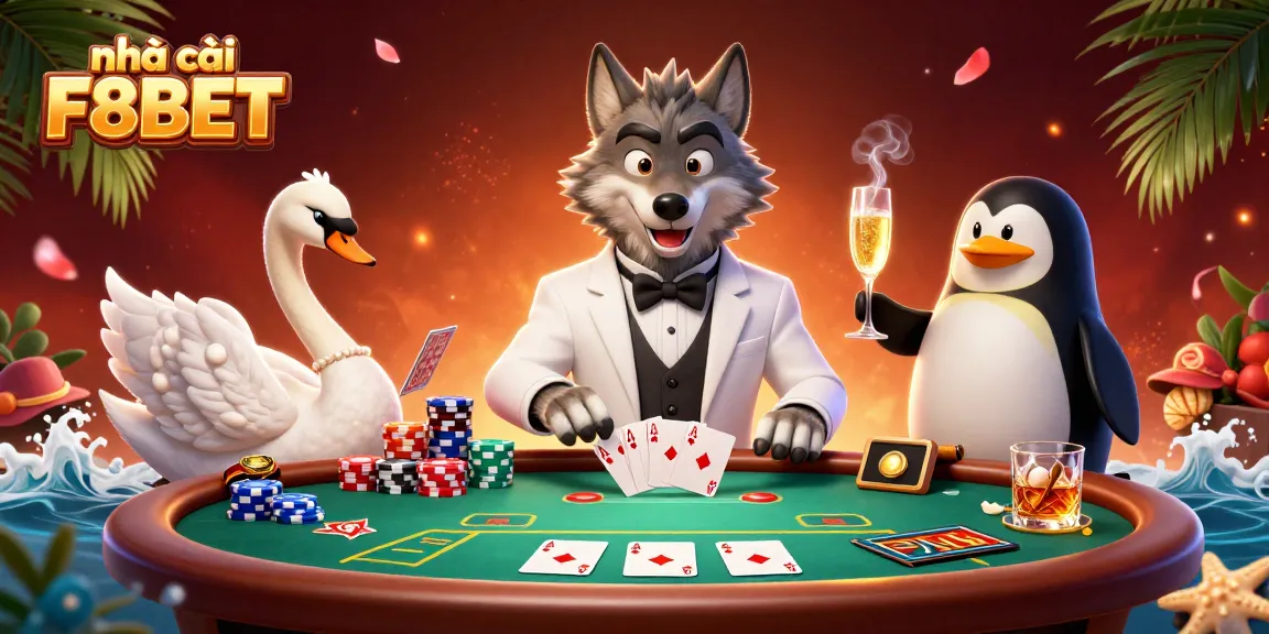 Engage with nhà cái F8BET in this vivid 3D illustration featuring dynamic casino characters.