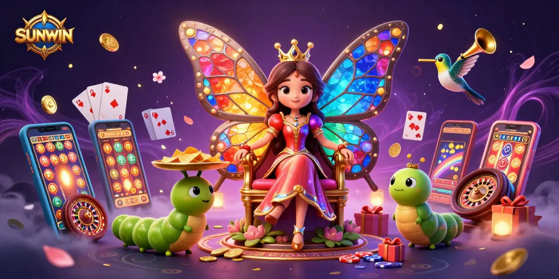 SUNWIN offers an enchanting online gaming experience with a 3D butterfly queen, surrounded by slot games and casino elements.