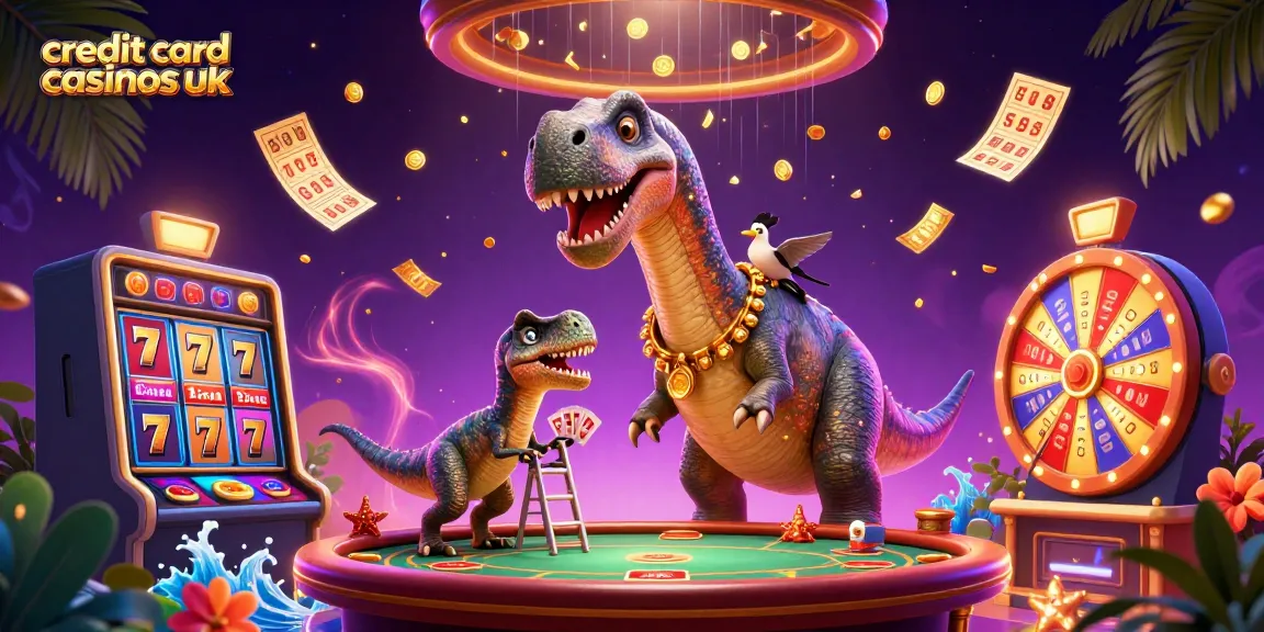 Experience vibrant gameplay at credit card casinos uk with a towering brontosaurus dealing poker cards.