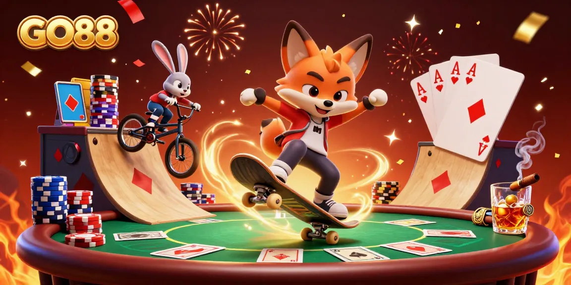 Engage in thrilling casino adventures with GO88's vibrant cartoon scene of fun characters and gambling elements.