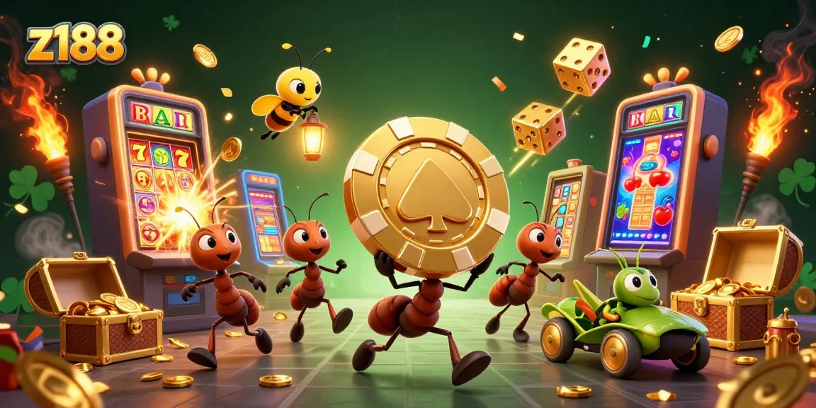 Experience thrilling action at z188 as cartoon ants maneuver a golden poker chip through a vibrant casino heist illustration.