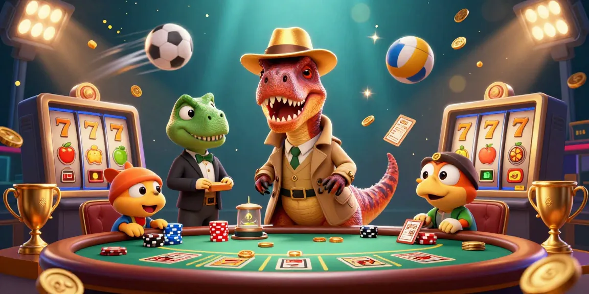 SUNWIN's vibrant 3D gaming scene features a card-counting velociraptor at a blackjack table immersed in casino action.