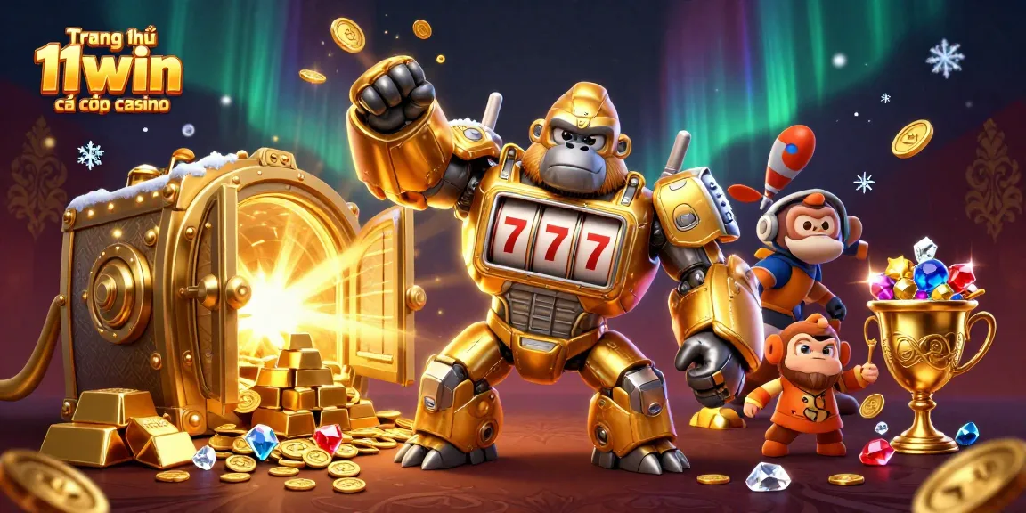 Win big with Trang chủ 11win cá cược casino's dynamic 3D casino illustration featuring slots and treasures.